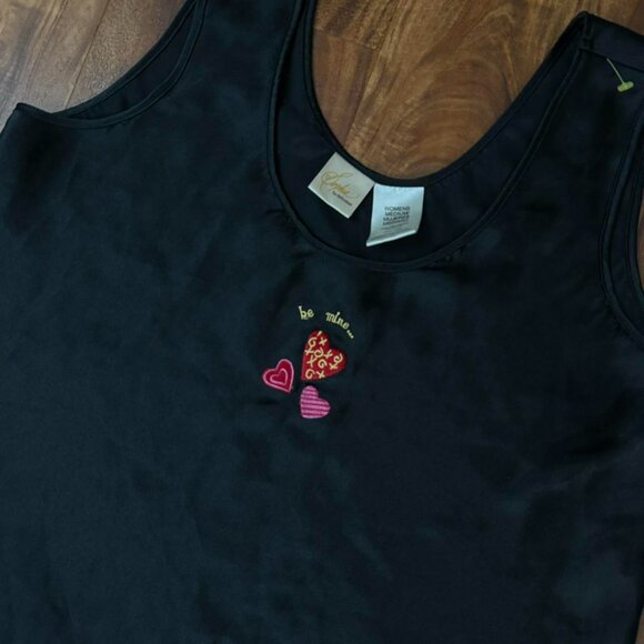 Vintage Black satin tank top Sophia by Delicates with embroidered hearts be mine - Picture 6 of 8